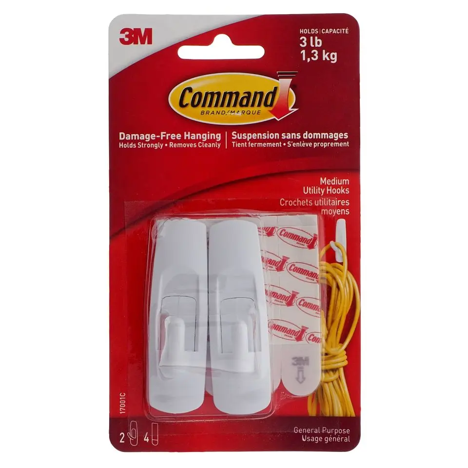 2Pk White Medium Command Hooks